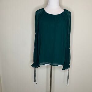 Dark Green Chiffon Blouse Gathered Bishop Sleeves  Sz Medium